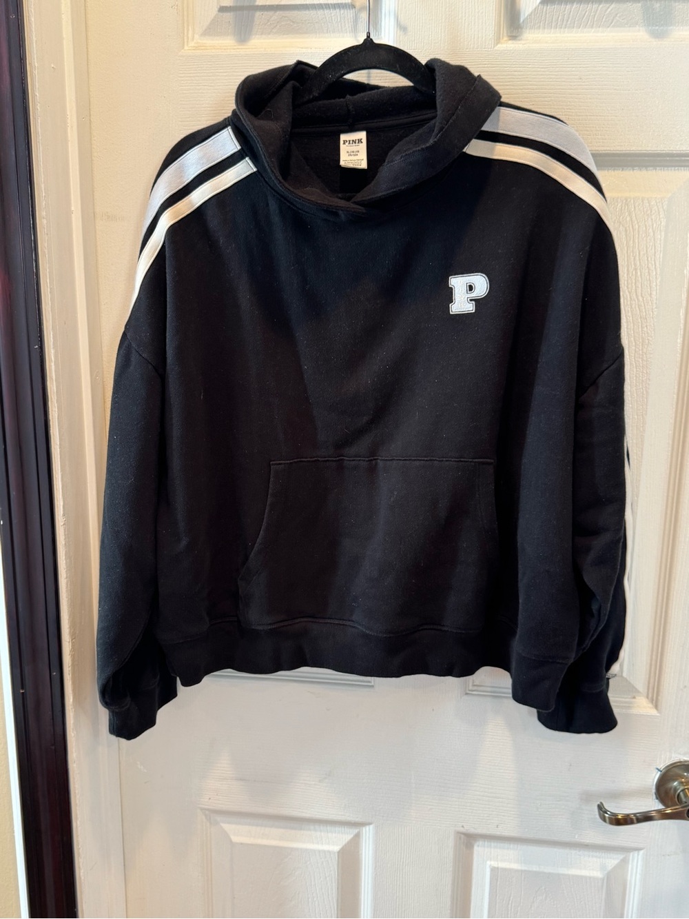 PINK Victoria's Secret Black Hooded Sweatshirt with White Shoulder Stripes